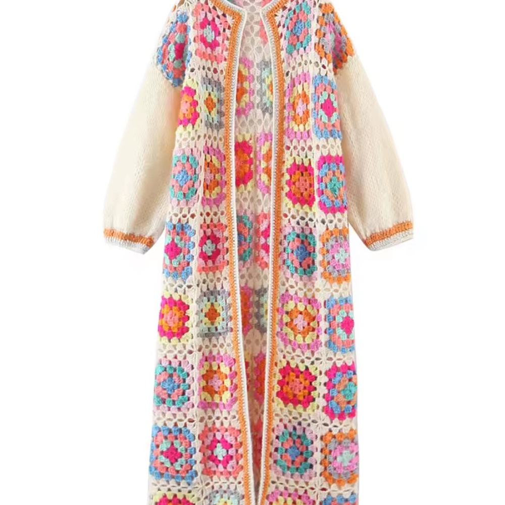 Crochet knit long cardigan sweater Colorful multicolor cream rainbow